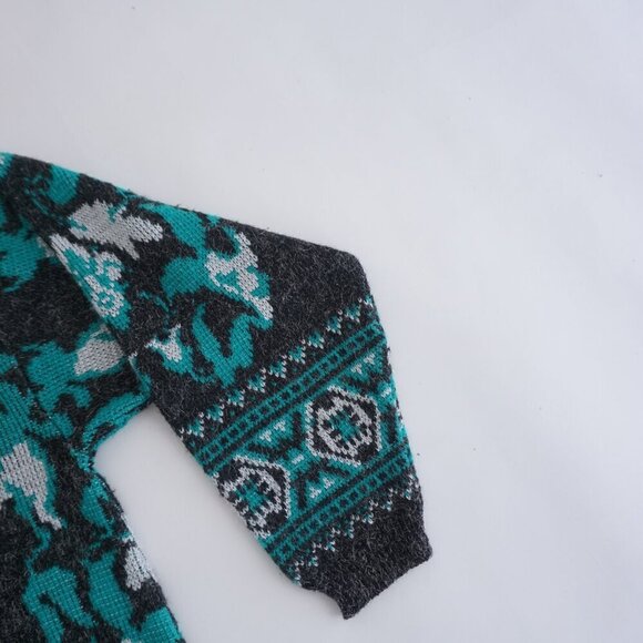 Vintage Grey Green Floral Knit Crewneck Fair Isle Fisherman Sweater S - Picture 5 of 10